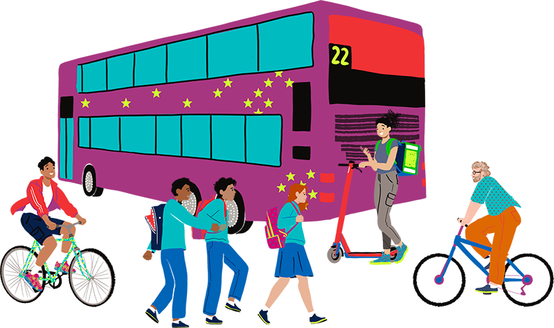 walking, cycling and buses